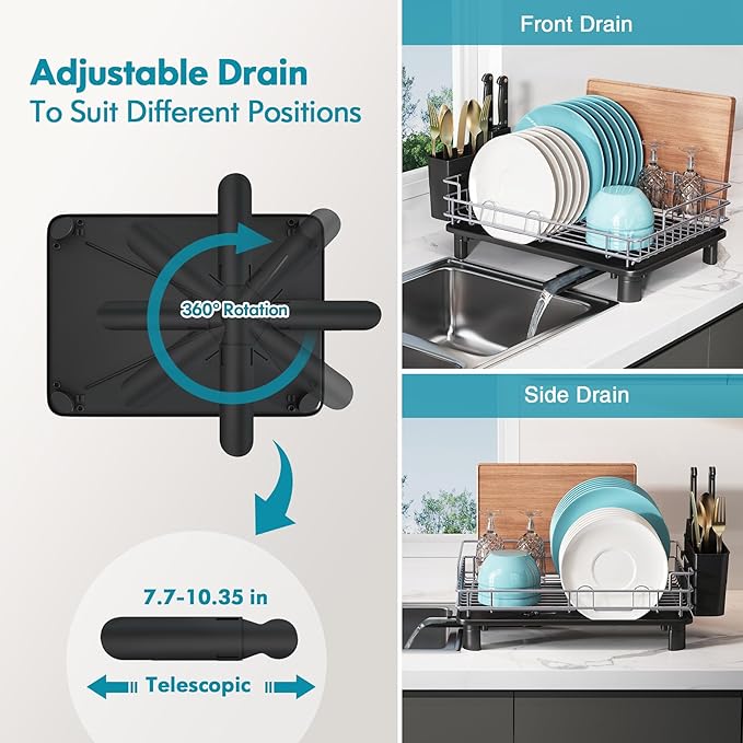 BOOSINY Stainless Steel Dish Drainers Drying Rack for Kitchen Counter with Automatic Drainage, 1 Tier Rust Proof Metal, Space Saving, Modern Aesthetic, Compact Plates Strainers,Gray