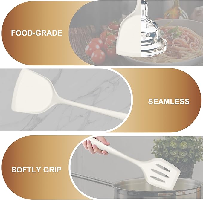 TeamFar Silicone Cooking Utensils Set, 5-Piece Heat Resistant Kitchen Utensils Set, Nonstick Slotted Solid Spoon Turner Pasta Server for Frying, Serving, Mixing, Non-Toxic & Dishwasher Safe, White