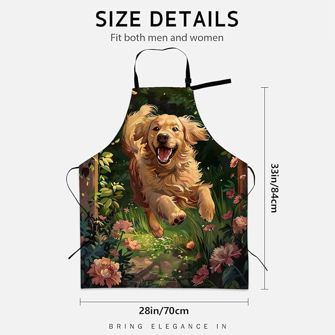 Playful Golden Retriever Apron for Women Men, Cooking BBQ Chef Polyester Lightweight Joyful Running Dog Aprons with Pockets for Baking Kitchen Gardening Cleaning, Adjustable, 28×33inch
