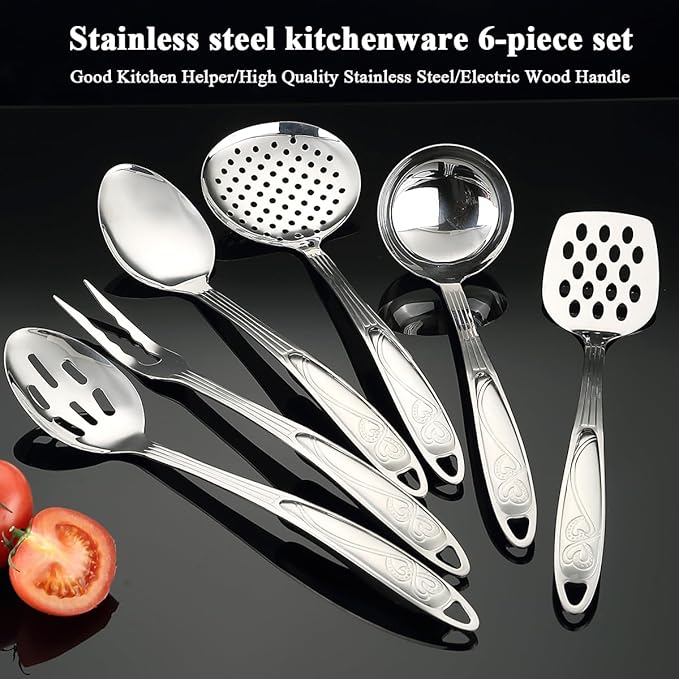Berglander Stainless Steel Kitchen Utensils Set 6 Pcs, Cooking Utensil Sets, Kitchen Gadgets Essentials Include Metal Spatula Set, Skimmer, Ladle, Serving Spoon, Slotted Spoon, Carving Fork