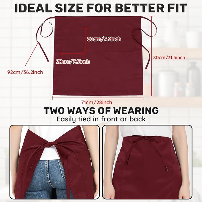 3 Pack Waist Apron with 3 Pockets, Unisex Black Waiter Aprons, Water Resistant Server Aprons for Restaurant Chef Bar