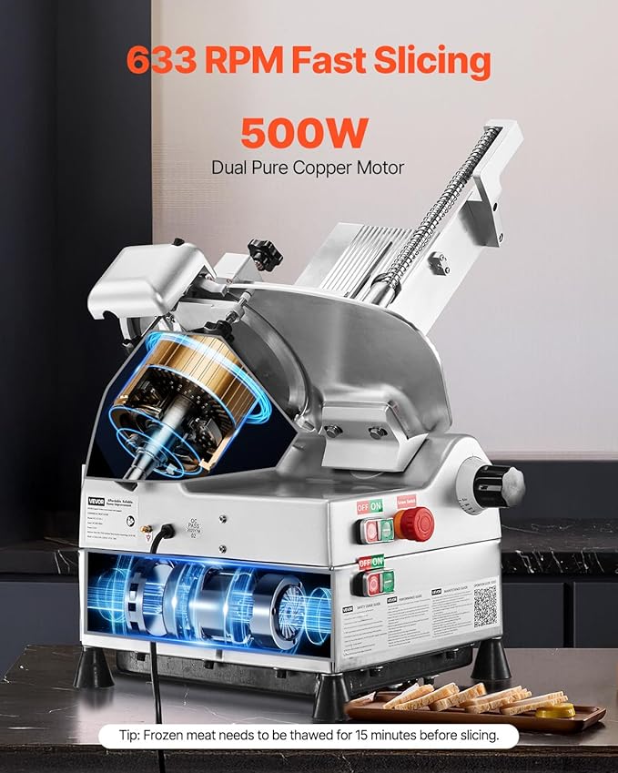VEVOR Automatic Meat Slicer, 500W Electric Deli Slicer Machine with 10 inch Sharp 75Cr1 Steel Blade, 0-0.67 inch Adjustable Thickness, 633 RPM Fast Slicing, for Frozen Meat, Hard Cheese, and Bread