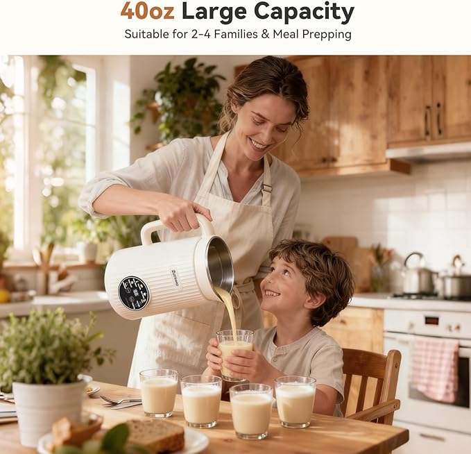 Upgraded 8-in-1 Nut Milk Maker Machine with Stainless Steel Lid, 40oz Soy Milk Maker for Almond, Oat, Coconut, Juice, Plant Based Milk Maker Blender with 18H Delay/Keep Warm/Self Cleaning