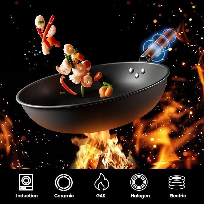 1700W Wok Induction Cooktop with 13.4” Nitride Carbon Steel Wok Round-Bottom & Flat-Pan Compatible, Electric Stir-Fry Wok Set for Home & Restaurant, No-Coating, Even Heating