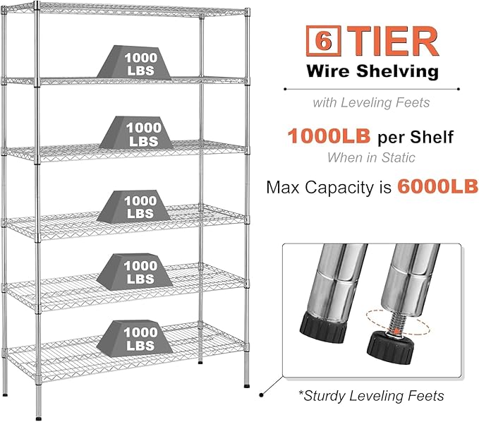 6-Shelf Storage Shelves Wire Shelving Unit with Wheels, 6000lbs Heavy Duty Metal Garage Shelving Storage Rack Adjustable NSF Shelf for Commercial Rolling Utility，(48"x18"x76", Chrome)