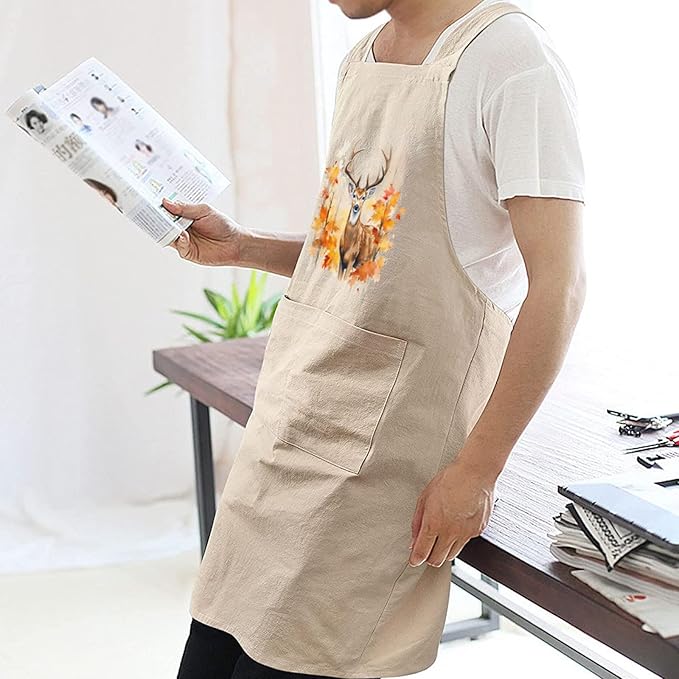 Cotton Linen Apron Non-tie Cross Back Kitchen Apron with Pockets Soft Comfortable Durable for Cooking Baking Gardening (Khaki,Deer)