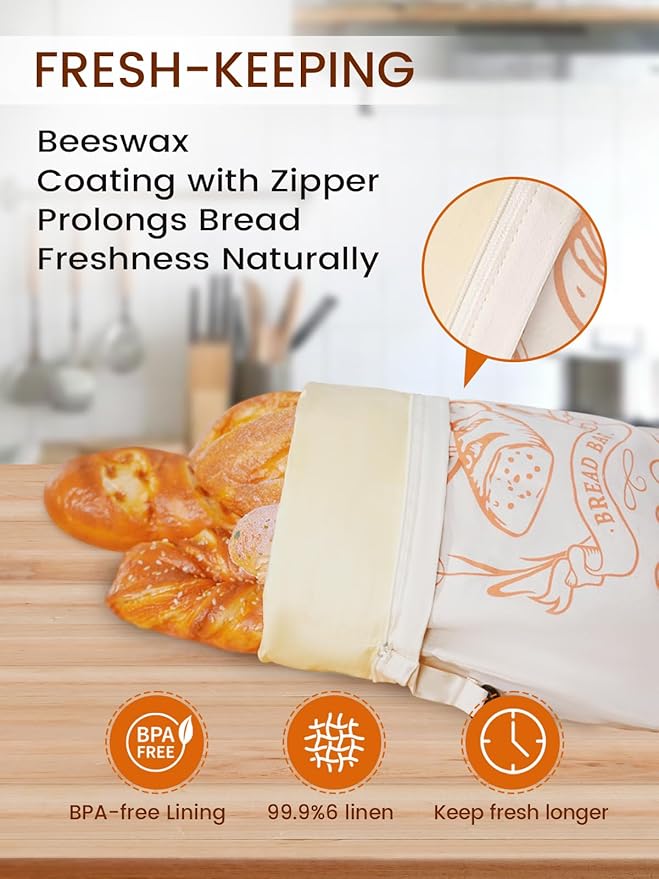 2 Pack Beeswax Bread Bags with Zipper, Sourdough Bread Storage for Homemade, Freezer Storage Bag to Keep Fresh, Large Cotton Beeswax Container, Baguette Bag with Liner, Kitchen Baking Supplies