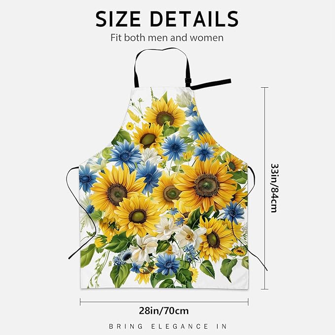 Sunflower and Daisy Apron for Women Men, Cooking BBQ Chef Polyester Lightweight Bright Floral Aprons with Pockets for Baking Kitchen Gardening Cleaning, Adjustable Neck Strap, 28×33inch