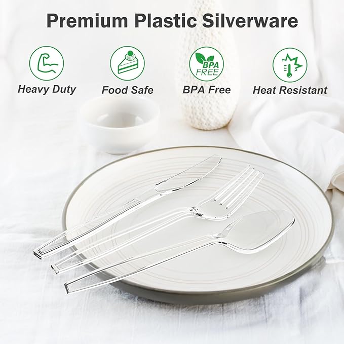 360 Count Extra Heavy Duty Clear Plastic Silverware, 150 Forks, 150 Spoons, 60 Knives, BPA-Free, Heat Resistant, Disposable Plastic Utensils Set, Plastic Cutlery Set, Plasticware Bulk