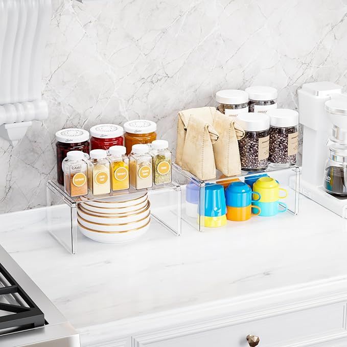 Yieach 2 Pack Acrylic Clear Cabinet Organizer Shelf for Kitchen,Countertop,Stacking 2 Tier Desk Organizers Stand and Cabinet Risers for Dishes,Clear Shelf Organizer for Pantry Organizers and Storage