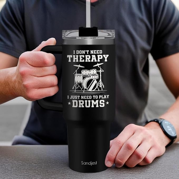 SANDJEST Drummer Gifts for Men, 40oz Stainless Steel Insulated Coffee Tumbler with Lid & Straw, Travel Mug Cup Gift for Drummers, Christmas Birthday