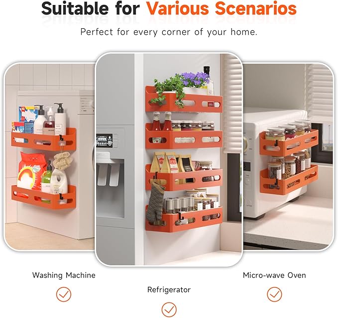 4 Pack Magnetic Spice Rack for Refrigerator, Spice Rack Organizer, Moveable Magnetic Shelf Fridge Organizer with 4 Hooks for Kitchen and Oven Organization, Orange