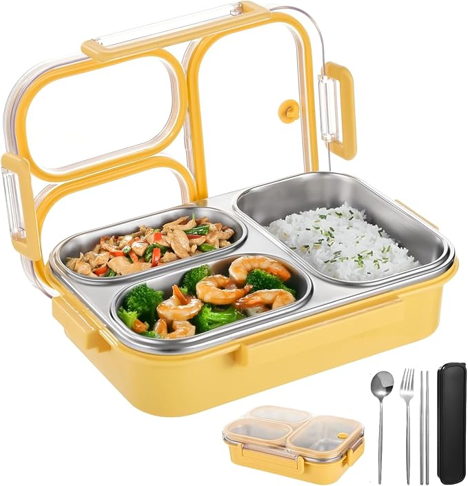 Stainless Steel Bento Box, 3-Compartment Lunch Container, 25 oz Leakproof Food Storage Container with Utensils for Work, Picnic, Yellow