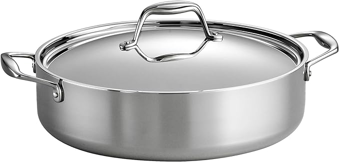 Tramontina Signature Tri-Ply Clad Stainless Steel 6-Quart Braiser Pan with Lid, Induction-Ready, Dishwasher-Safe, NSF-Certified, Made in Brazil