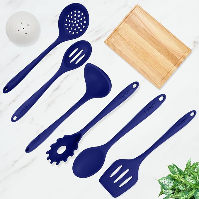 Culinary Couture Blue Silicone Kitchen Utensils Set of 6, Non-Stick Heat-Resistant Silicone Kitchen Utensils Set with Steel Inner Core