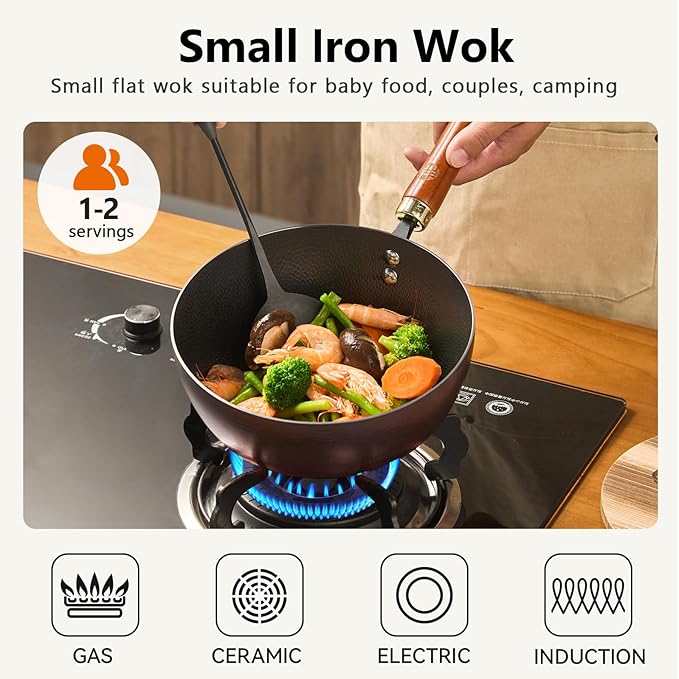 WANGYUANJI 8.7" Flat Bottom Iron Wok – Small Stir Fry Pan with Wooden Lid, No Coating, Induction Compatible, Ideal for Everyday Cooking