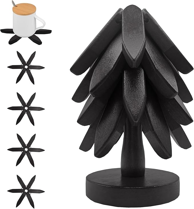 Wooden Trivets for Hot Dishes, Tree Shape Trivet Set, 4 Wooden Trivets + 1 Stand, Natural Foldable Kitchen Coasters, Stackable Christmas Tree Design, for Pans, Pot, Bowl, Teapot, Hot Pot Holder