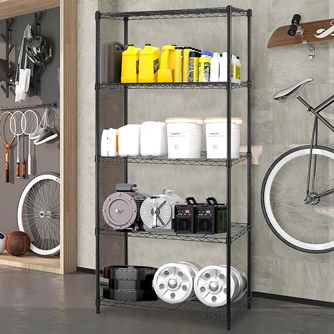5-Shelf Metal Shelving Adjustable 1250Lbs Capacity, Storage Shelves for Garage Laundry Bathroom Kitchen Pantry Closet, NSF Certified Steel Organizer Wire Rack,Black, 72" H x 14" D x36 W