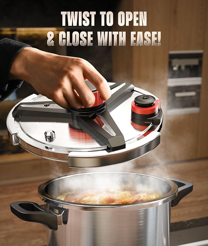 Pressure Cooker 6.3QT, [Save 70% Cooking Time] Stainless Steel Pressure Canner with Triple-Layer Steel Body [One Hand Operation] Rotating Lock/Unlocking Lid System Steam Rack Included Olla De Presion