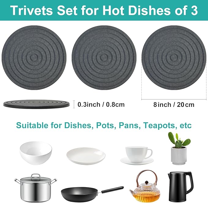 3 Pack Trivets for Hot Dishes Decorative Diatomite Stone Drying Tray for Kitchen Counter Black Silicone Trivets for Hot Pots and Pans Large Coasters Ceramic Trivet Set Round Bathroom Decor Trays