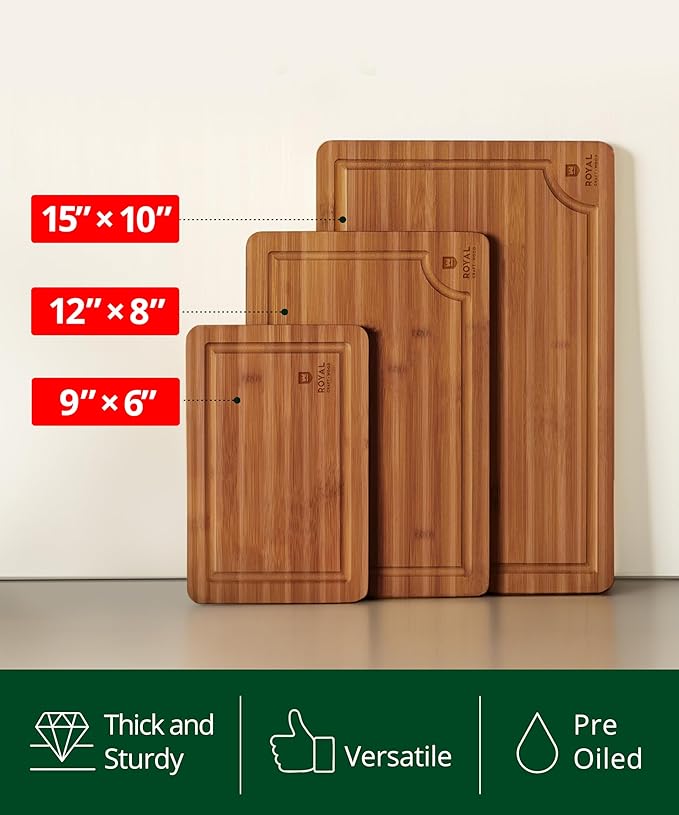 ROYAL CRAFT WOOD Bamboo Cutting Board Set – 3 Durable Wooden Cutting Boards for Kitchen Meal Prep, Charcuterie & Serving – Chopping & Butcher Block with Juice Grooves – Gift-Ready Packaging & Wood Wax