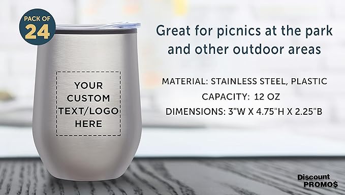 Custom Stemless Wine Tumblers 12 oz. Set of 24, Personalized Bulk Pack - Insulated, Perfect for Wine, Cocktails, Other Hot & Cold Beverages - Silver