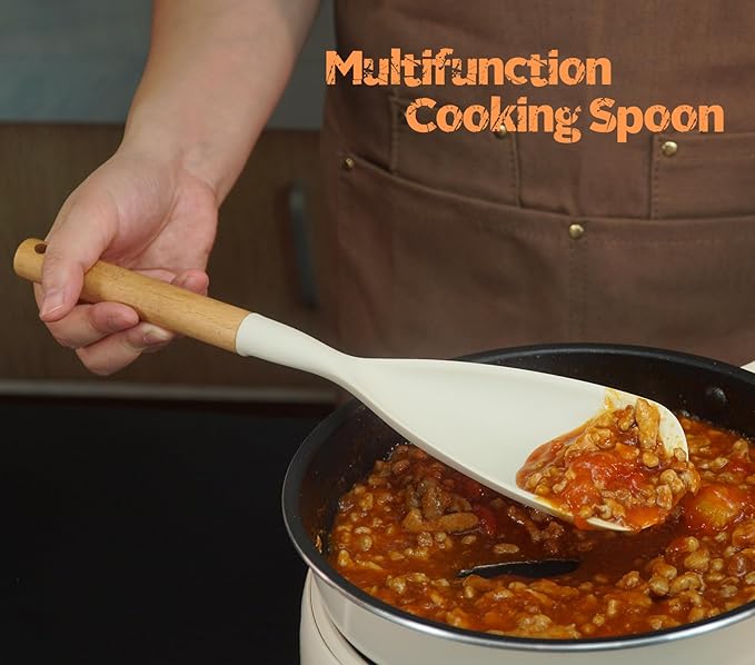 Large Silicone Cooking Utensils Set, 10Pcs Nonstick Kitchen Utensil Set with Wooden Handle, Heat Resistant Silicone Utensils for Cooking, BPA Free Spatula Set with Turners Spoon Ladle Skimmer(White)
