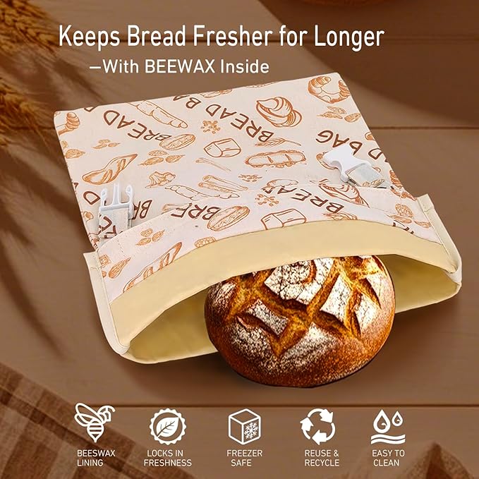 2 Pack Reusable Beeswax Food Wraps Bread Bags for Homemade Breads Loaf, Food Storage Containers, Organic Cotton XL Sourdough Beeswax Bread Bag Supplies Sandwich Wrapper, Sustainable, Fresh Keeping