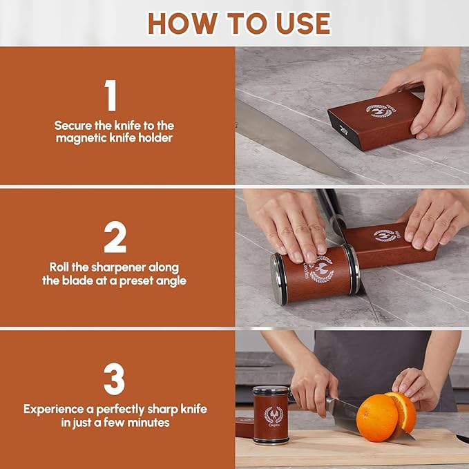 Knife Sharpener Kit - Rolling Knife Sharpening for Kitchen, Hunting & Pocket Knives - Diamond & Ceramic Disc - 15 & 20 Magnetic Angles