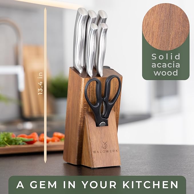 WALDWERK Knife Set - 7pcs Kitchen Knife Set with Block and Integrated Sharpener - Knife Block Set - Knife Block