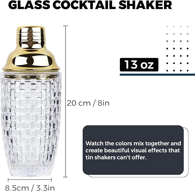 Glass Cocktail Shaker Set - Glass Shaker for Drinks, Shaker Set for Bars, Whiskey, Cocktails (Gold, 13 oz)
