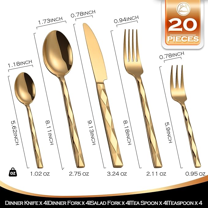 Gold Silverware Set, Luxury 20-Piece Flatware Set for 4, Cutlery Set Stainless Steel, Diamond Cut Pattern, Home, Wedding & Party, 18/10 Stainless Steel Tablewaret & Dishwasher Safe Utensils.