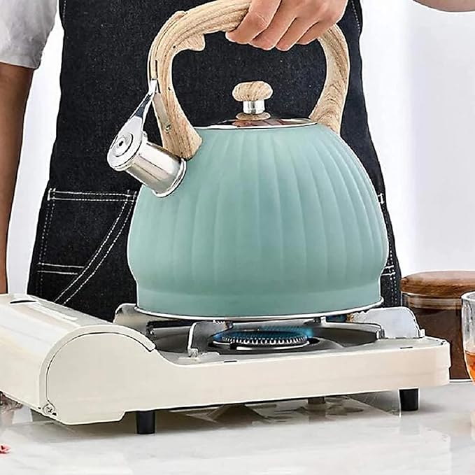 Vilihkc Whistling Stainless Steel Tea Kettle with Wood Grain Anti Heat Handle,3.7 Quart / 3.5 Liter Stainless Steel Tea Kettles,Loud Whistling for Tea,Coffee,Gas Electric Applicable
