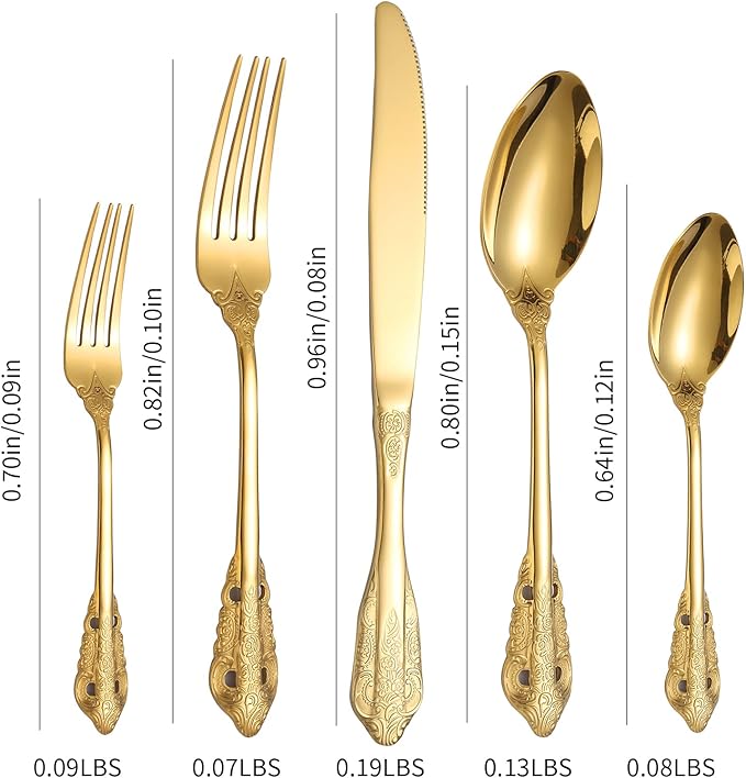 Royal Silverware Gold Retro Stainless Steel Flatware 40 Piece Forks Knives and Spoons Heavy Duty Kitchen Utensil Daily Use Festival Parties
