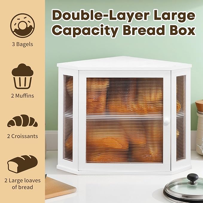 Corner Bread Box for Kitchen Countertop - Bamboo Large Capacity Bread Storage Bin with Acrylic Wavy Door Panel,Bread Box Under Cabinet (White,Medium)