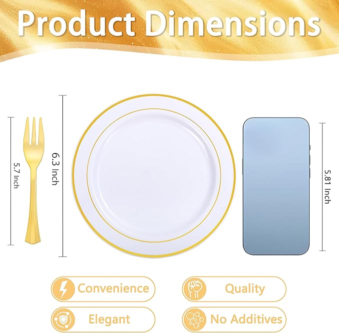 WELLIFE 120 PCS Plastic Dessert Plates and 120 PCS Forks, 6.3 inch Disposable Salad Plate, Premium White Appetizer Plates with Gold Rims Perfect for Parties, Weddings and Christmas