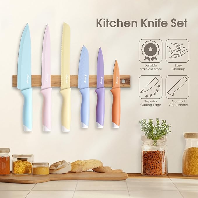 Colorful Knife Set, 13 Pieces Kitchen Knives Set with Nonstick Ceramic Anti-Rust Coating, Chef Knife Sets with 6 Blade Guards, Dishwasher Safe, Gifts Knife Set for Women