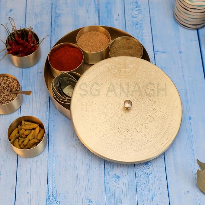 Brass Round Spice Box Masala Dabba-Spice Box Set With Spoon Container 90 ML Indian Masaladanni for Kitchen Counter 8 Inch With Spoon (Mandala,8 Inch)