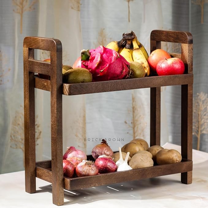 Brick Brown Premium Cocoa Kitchen Wooden Organizer 2-Tiered Serving Stand| Display Snacks, Fruits & Desserts | Kitchen & Dining Organizer in Mahogany Finish (Self Assembly)