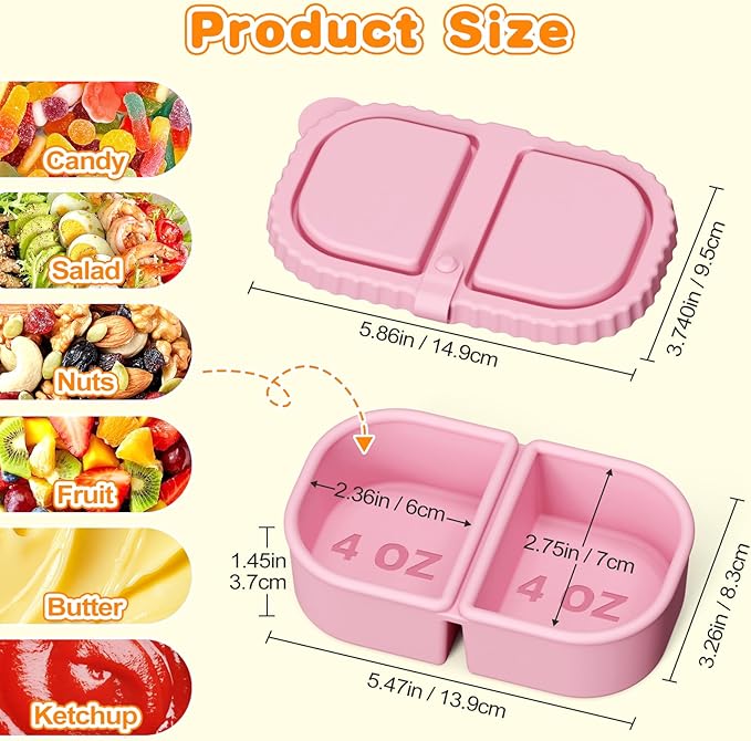 4 Pack Silicone Reusable Snack Containers with Lids, 8.5oz 2 Compartment Snackle Box Leakproof Bento Box Food Storage Container for Lunch, Picnic, School, Office