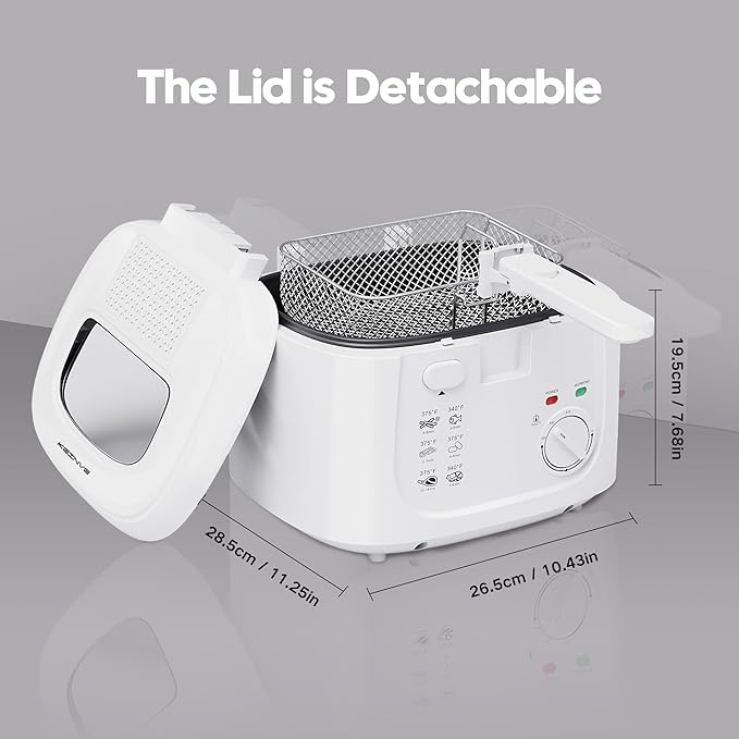 1500W Electric Deep Fryer with Adjustable Temperature Control, 2.5L Non-Stick Basket & Viewing Window, Folding Handle and Locking Cover for Easy Storage, White