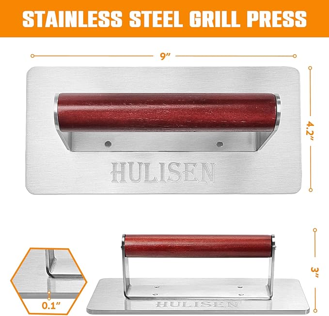 HULISEN Stainless Steel Bacon Press, 9 Inch Large Heavy Duty Burger Press with Wood Handle, Non-stick Grill Press for Griddle, Steak Weight Griddle BBQ Accessories for Panini, Sandwiches, Gift Package