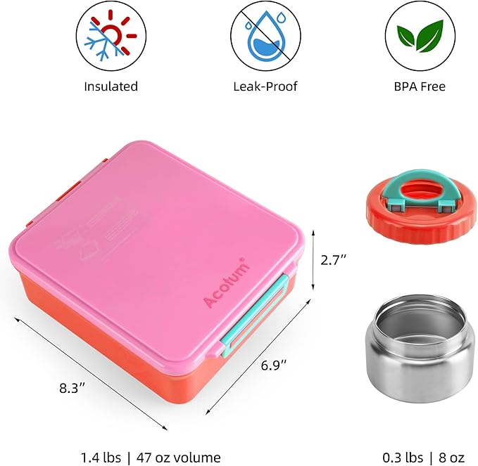 Bento Lunch Box for Kids With 8oz Soup Thermo,Leak-proof Lunch Containers with 4 Compartment,Thermo Food Jar, Food Containers for School(Vermilion)