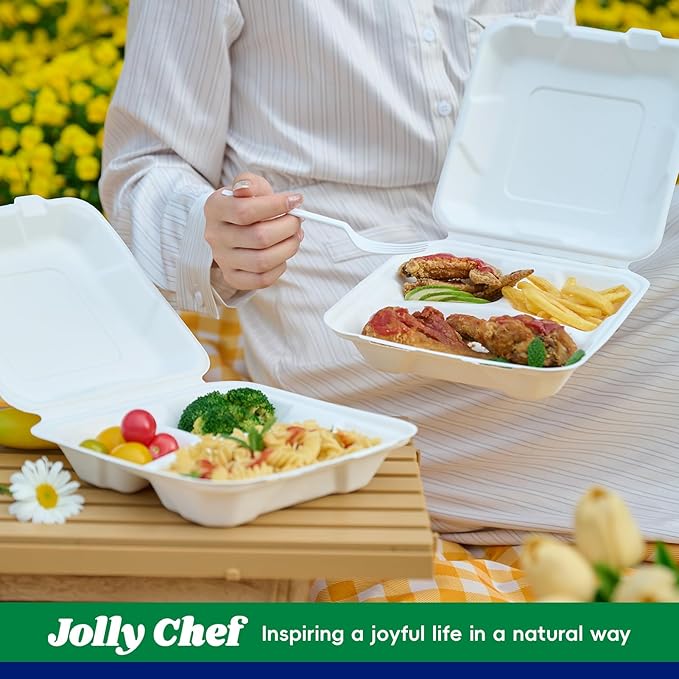JOLLY CHEF Clamshell Take Out Food Containers, [8 * 8" 50-Pack] 3-Compartment To Go Containers Disposable, Sugarcane To Go Boxes for Salad,Lunch