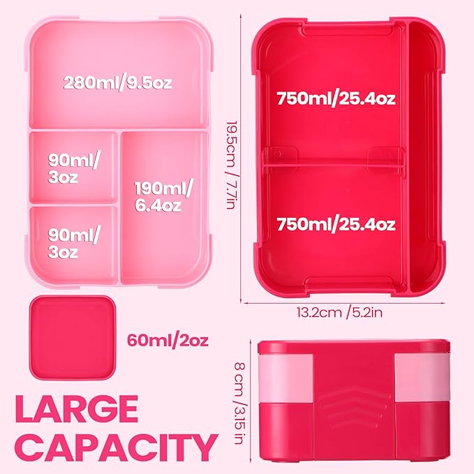 6-compartment Bento Box, 50oz Lunch Container with Utensils & Sauce Cup, Microwave & Dishwasher Safe, Leakproof Lunch Box for Adults Men Women(Rose Red)