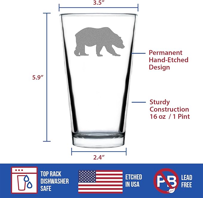 Custom Bear Pint Glass for Beer - Cabin Themed Gifts or Rustic Decor for Men and Women - Fun Drinking or Party Glasses - 16 oz
