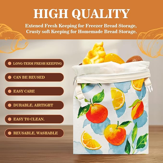 Beeswax Bread Bags for Sourdough 2 Pack 13"x17" Eco-Friendly Reusable Linen Cotton Storage Bags with Zipper Closure for Homemade Bread Fresh-Keeping, Freezer-Safe (Orange)