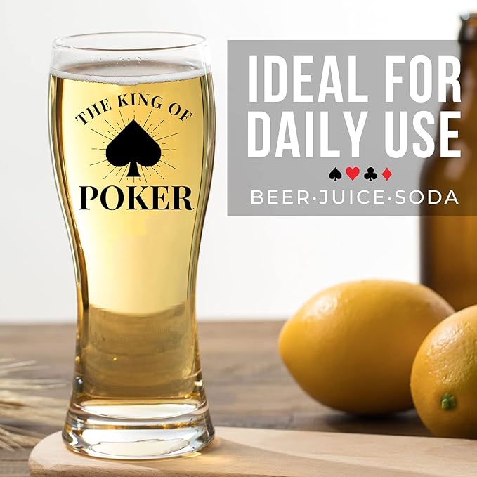 Poker Gifts for Men, Unique Gift for Poker Players and Lovers, Beer Print Glass 15 oz (443 ml) for Birthday, Christmas - Box and Card Included