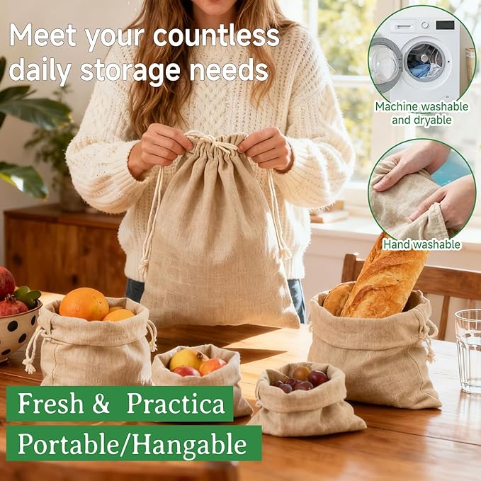 Simple&Opulence 12-Pack 10” x 12” Linen Cotton Drawstring Bags Reusable Grocery Sacks, DIY Craft Sachet Sacks Storage Cloth Bags for Party Wedding Home Bulk Produce Bags, Washable, Natual Linen