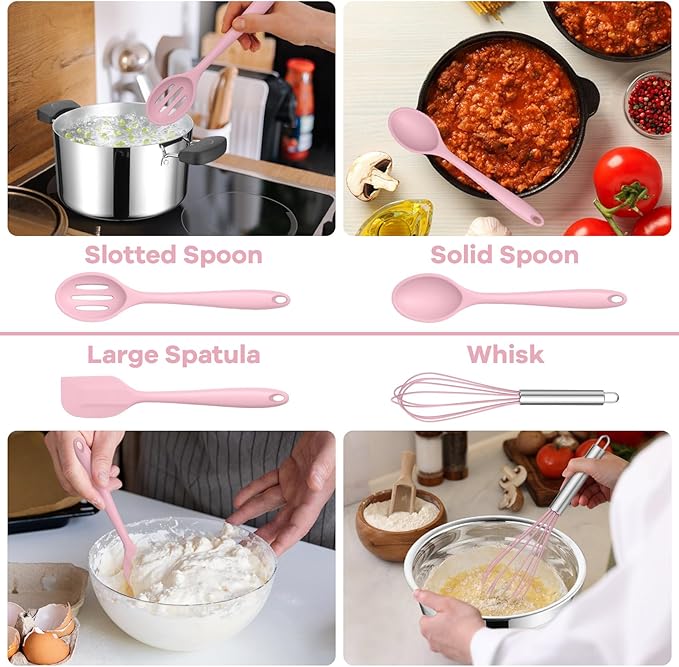 TeamFar 8 PCS Silicone Cooking Utensils - 446°F Heat Resistant Kitchen Silicon Utensils Set, Turner, Spatula, Spoon, Whisk, Kitchen Cooking Gadgets Tools for Nonstick Cookware, Dishwasher Safe-Pink